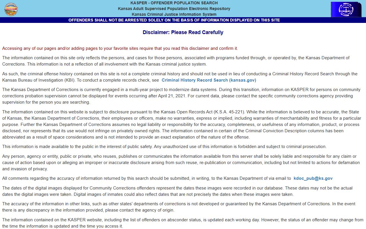KDOC KASPER search page for Wyandotte County inmate population transfers